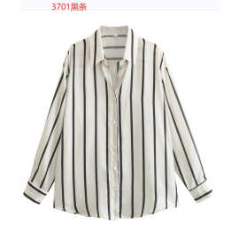 2024夏季欧美风女装复古四色条纹中长款宽松衬衫上衣