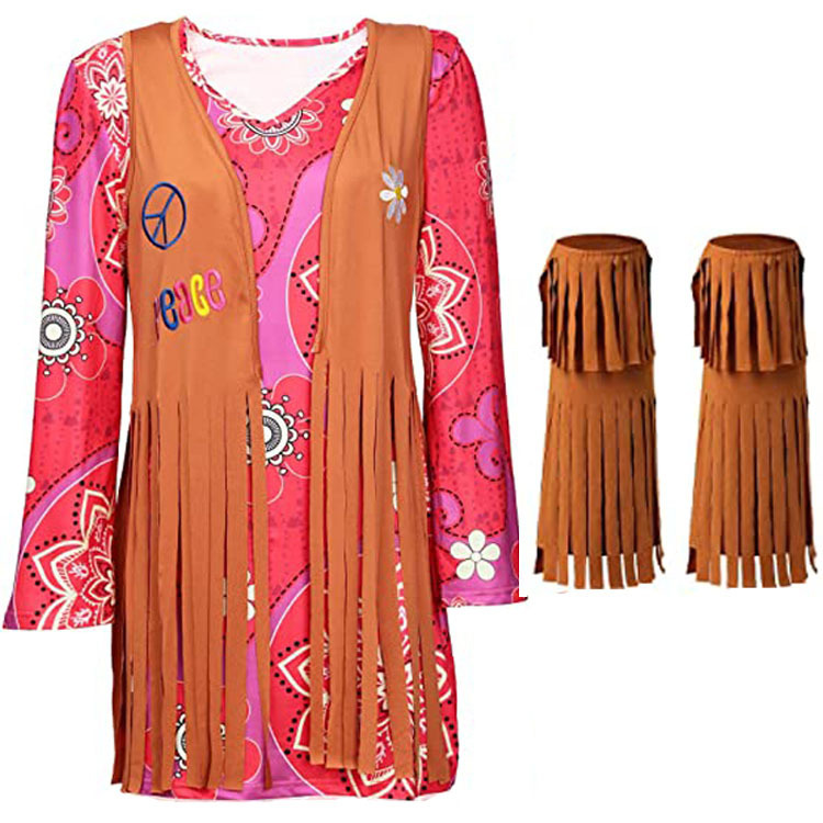 Cross Border 2023 Amazon New 70 s Hippy Costume Set Halloween Vintage Party Dress Women