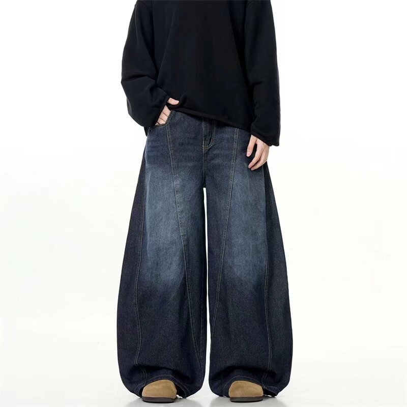 Azul oscuro lavado con agua jeans de piernas anchas europeas y americanas hiphop pantalones de calles fritas de alta calidad pantalones de macheta rectos sueltos para hombres