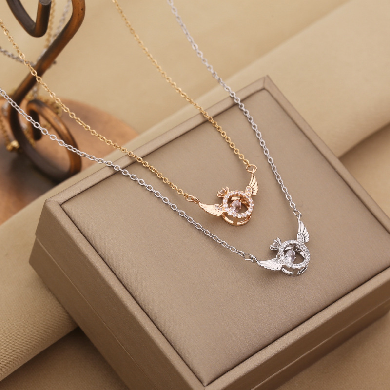 13g Weight Rhinestones Inlay Material Pendant Necklace Classification cable chain Chain Type Real Gold Plated Star Wings 304 Stainless Steel Simple Style Waterproof Non Tarnish Pendant Necklace