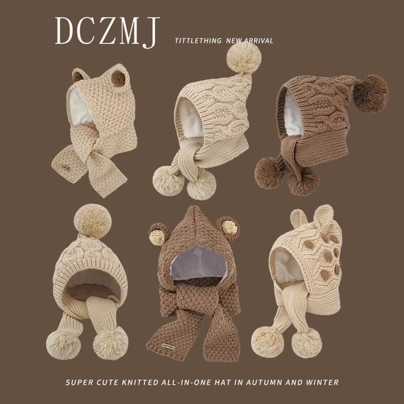 Baby Hat and Scarf All-In-One Autumn and Winter Cute Knitted Korean Style Kidsren's Ear Protection Hat Warm Woolen Hat for Boys and Girls