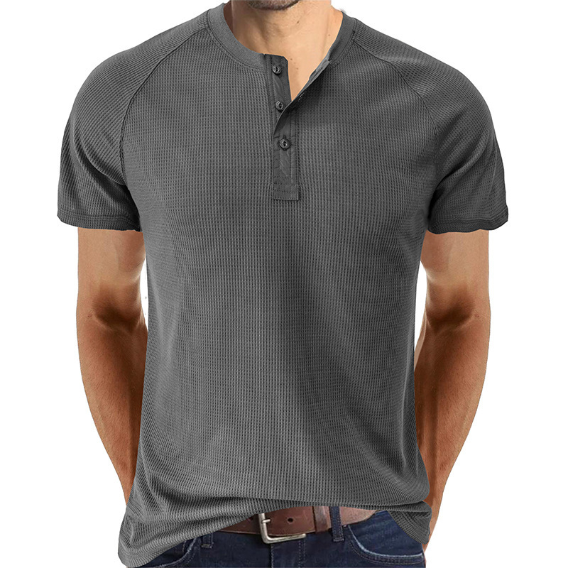 2023 sommar European and American Henley Shirt Herr Kortärmad T-shirt Bekväm ventilerande våffelstickad T-shirt_voghion.com