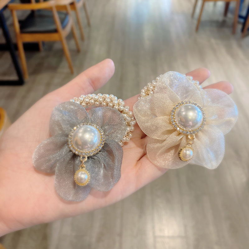 Korean Organza Flower Pearl Hair Ring display picture 6