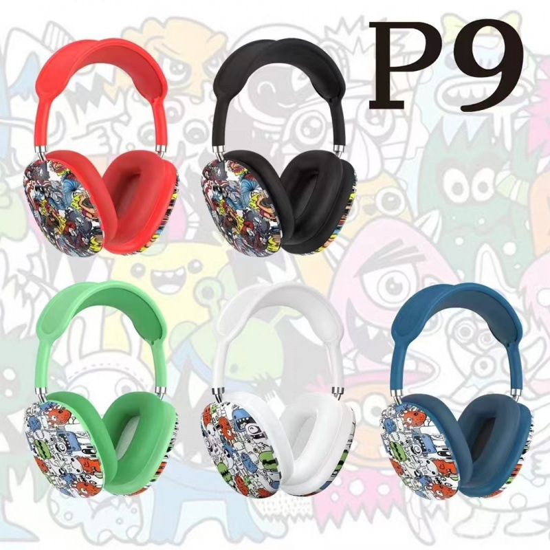 Nuevos auriculares de graffiti creativos de la marea nacional P9 transfronterizos Amazon inalámbrico Bluetooth modelo privado auriculares directos de fábrica