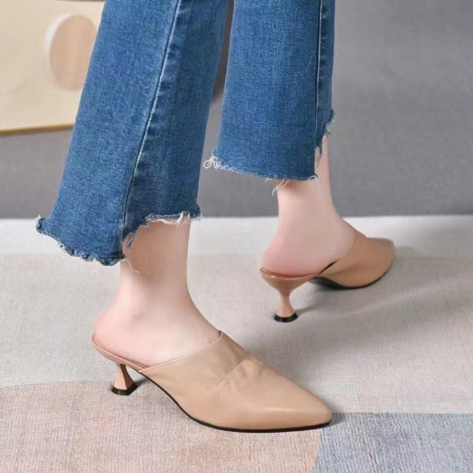 Giày mule nữ mũi nhọn da thật gót kitten 3 cm kiểu Pháp — Gót nhọn màu Mơ (3 cm)