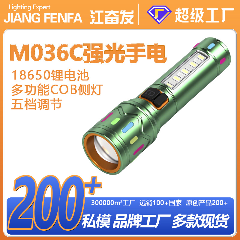 Linterna de luz fuerte transfronteriza, carga portátil multifuncional para exteriores, batería de larga duración, linterna con zoom súper brillante