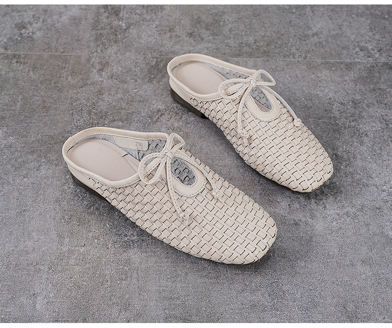 Dép sandal nữ bít mũi da bò thật đan chéo cổ điển đế mềm — màu be chi tiết 14