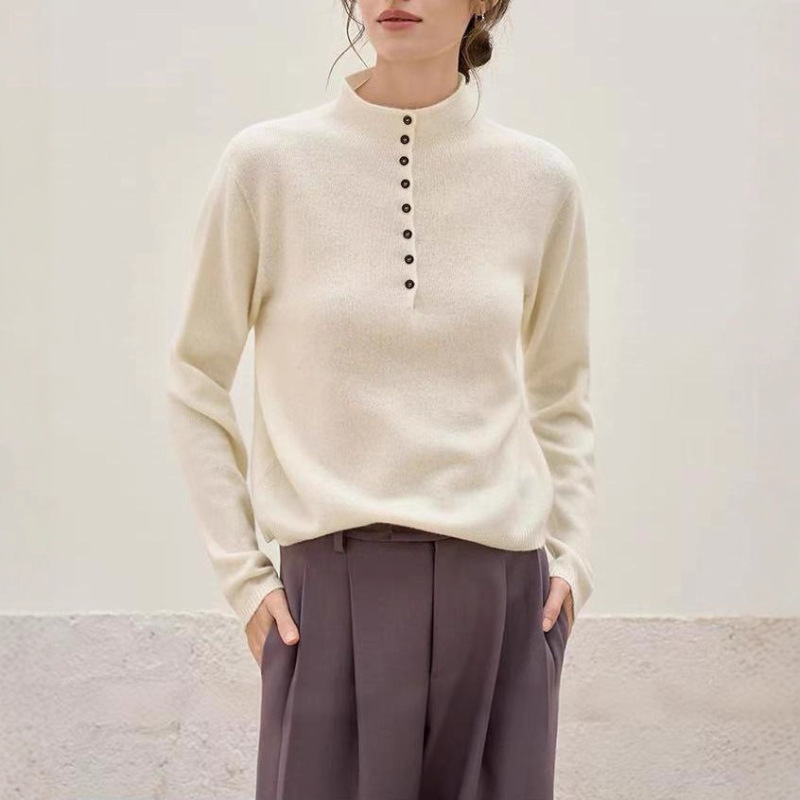 Cashmere Blended Small Turtleneck Buttoned Design Women's Autumn and Winter Velvet Slightly Loose Knitted Bottoming Sweater Cashmere Blended Small Turtleneck Buttoned Design Women's Autumn and Winter Velvet Slightly Loose Knitted Bottoming Sweater
