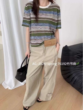 不退换新款，2026夏季嫩叶绿风格化新款圆领条纹针织女士休闲短袖