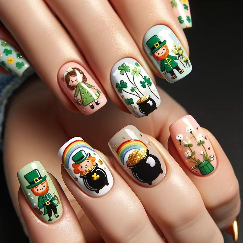 Spring Cartoon Clover Characters Rainbow Painting Design Skip Color Chinese Wearing Manicure Pieces False Nail Pieces