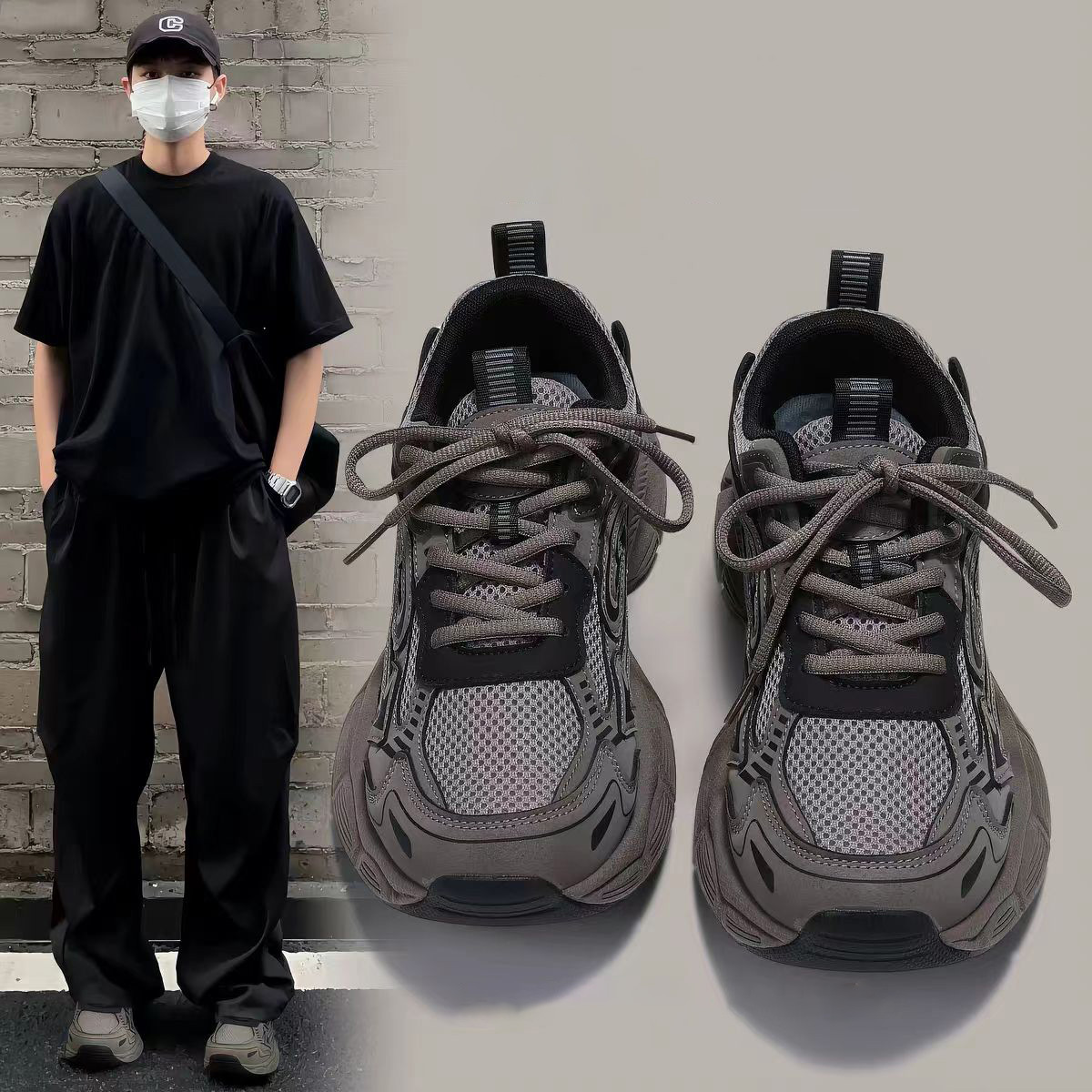 2026 Summer New Style Dad Shoes for Men in Taupe, Workwear Thick-Soled Height-Increasing Versatile Trendy Retro Outdoor Sports Shoes