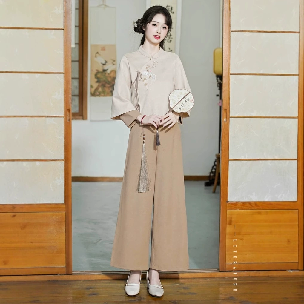 Осенний и зимний новый китайский стиль ретро-вышитый танг широкие брюки