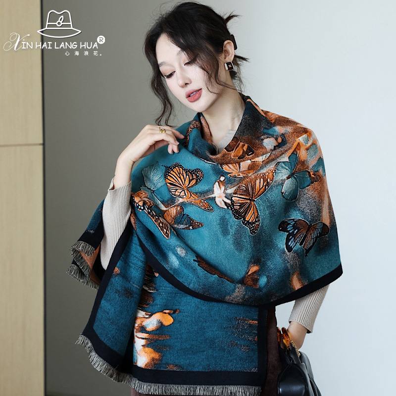 빈티지 중국 패션 잉크 그림 목도리 여성의 가을과 겨울 따뜻한 이중 사용 올매치 나비 자카드 스카프 패션