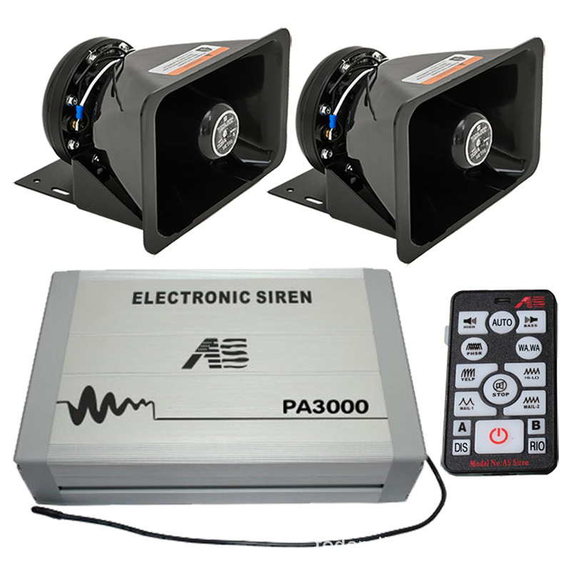 PA3000E Vehicle-mounted Electronic Siren and Loudspeaker, 12V/24V, Wireless Remote Control, High-Pitched Siren + Black Horn