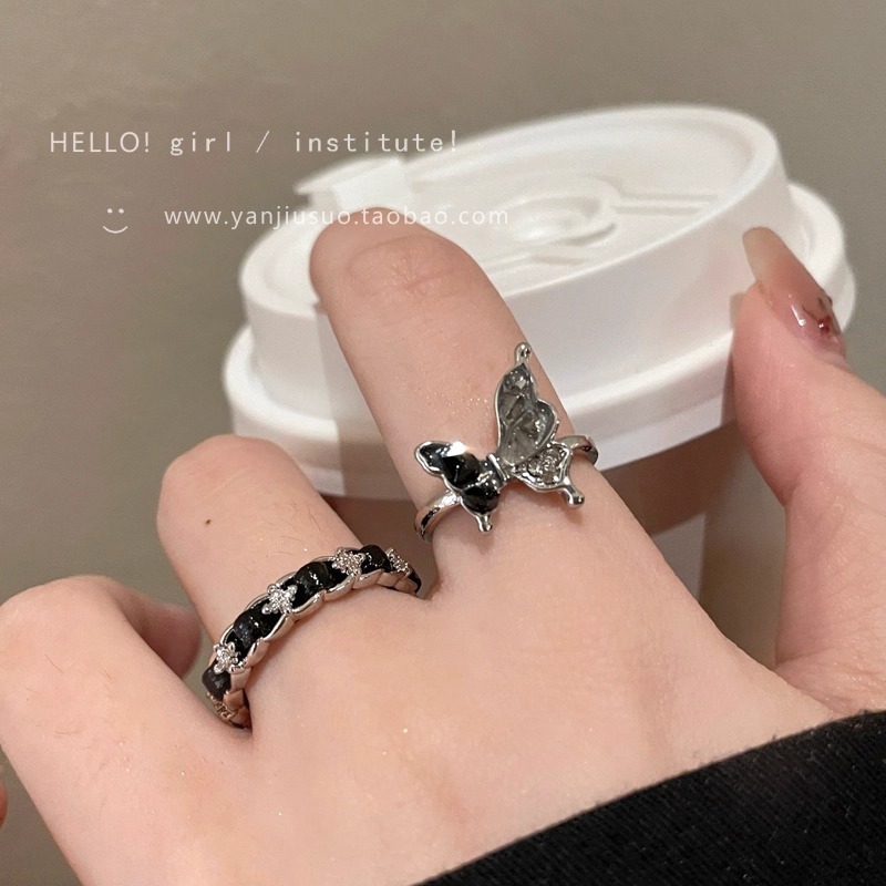 Contrast Color Gravel Butterfly Open Ring for Women, Trendy and Cool Niche High-End Index Finger Ring, Elegant Design, Adjustable Ring Summer