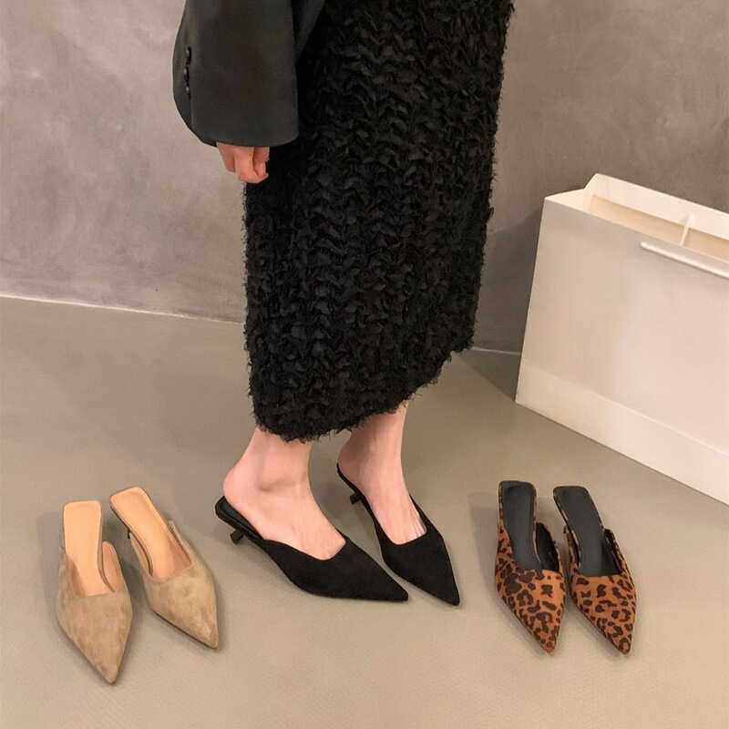 French Kitten and Leopard Print High Heels with Baotou Half Slippers Women's Shoes Outer Wear 2024 Spring and Autumn Suede Half Shoes French Kitten and Leopard Print High Heels with Baotou Half Slippers Women's Shoes Outer Wear 2024 Spring and Autumn Suede Half Shoes