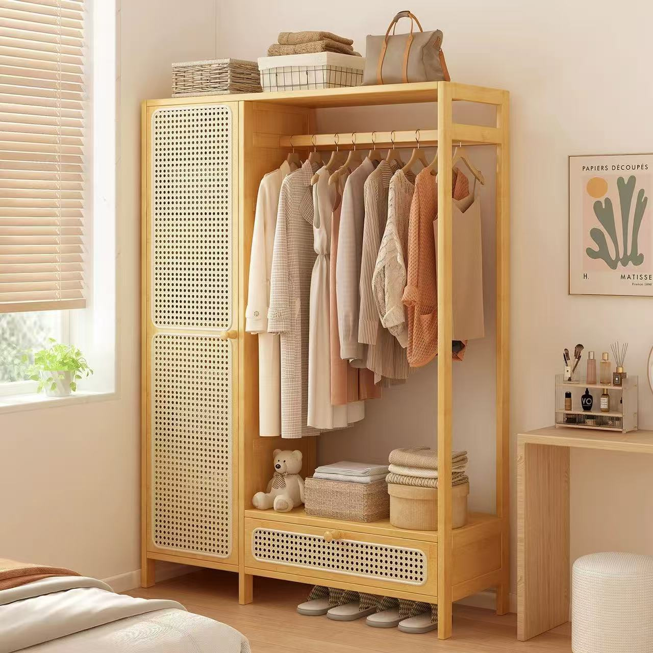 Small Apartment Wardrobe Bedroom Home Clothes Rack B&B Indoor Floor-Standing Coat Rack Strong and Durable Single Bamboo Wardrobe