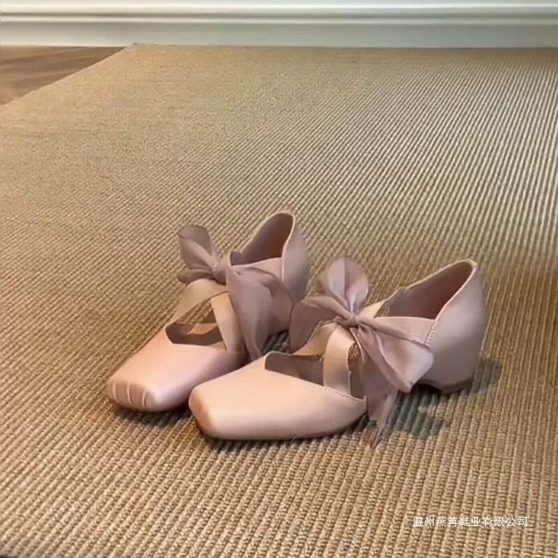 Square-Toe Pig-Nose Lace-Up Bowknot Silver Ballet Flats for Women, Shallow Mouth, Hidden Height Increase, Mary Jane Shoes, Satin, Chunky Heel