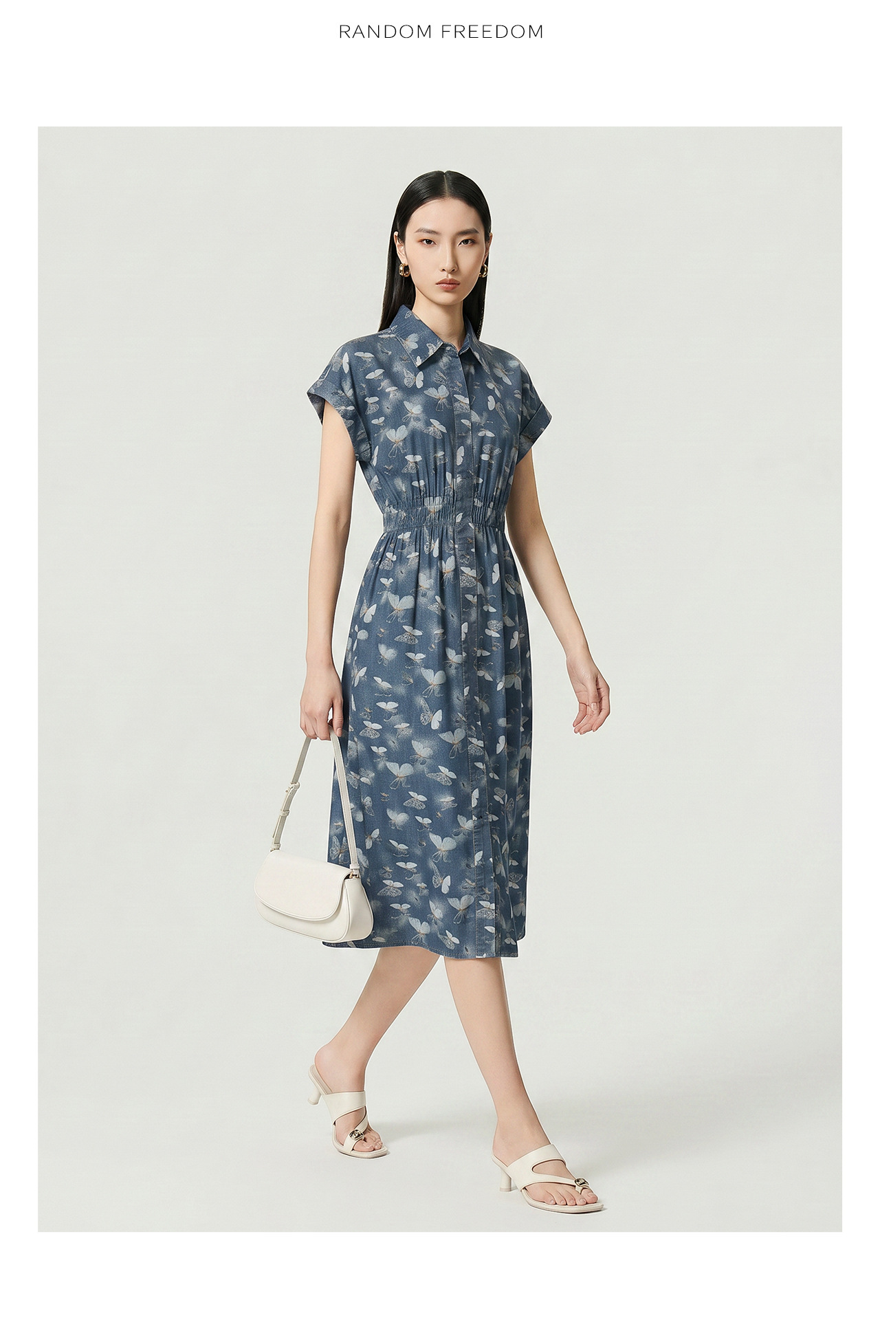 Đầm maxi nữ in họa tiết hoa bướm chất denim nhẹ thắt eo — Cao bồi xanh chi tiết 15