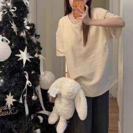 婴儿棉带胸垫睡衣女夏季圆领短袖简约碎花裤宽松慵懒风家居服套装