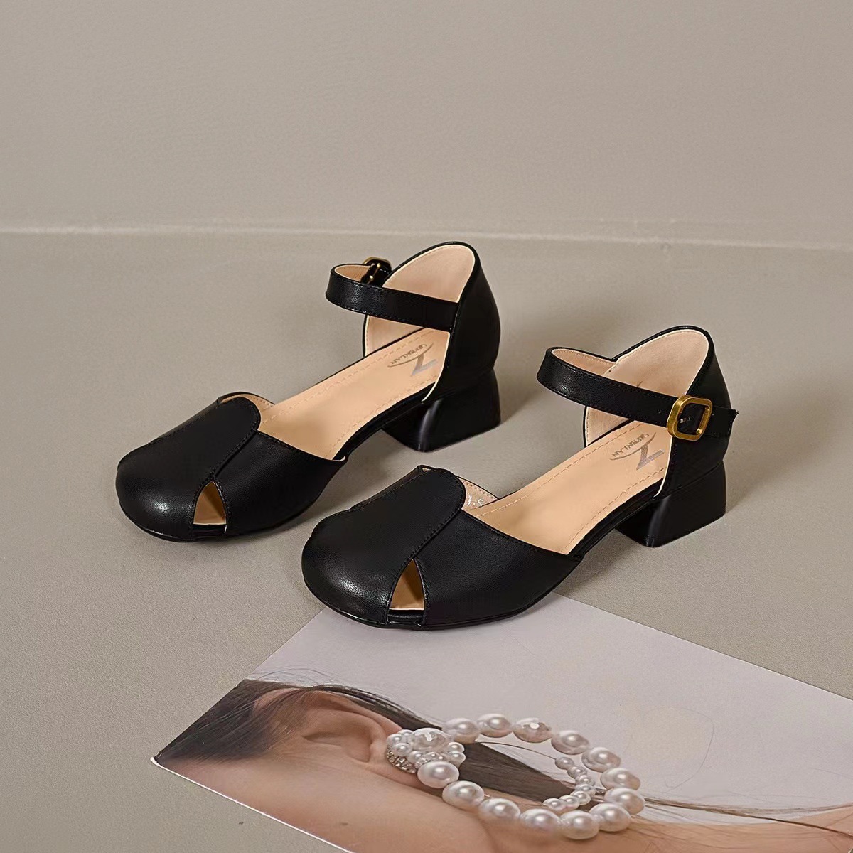 Dép sandal nữ da thật mũi kín gót thấp quai đơn mùa hè — đen chi tiết 9