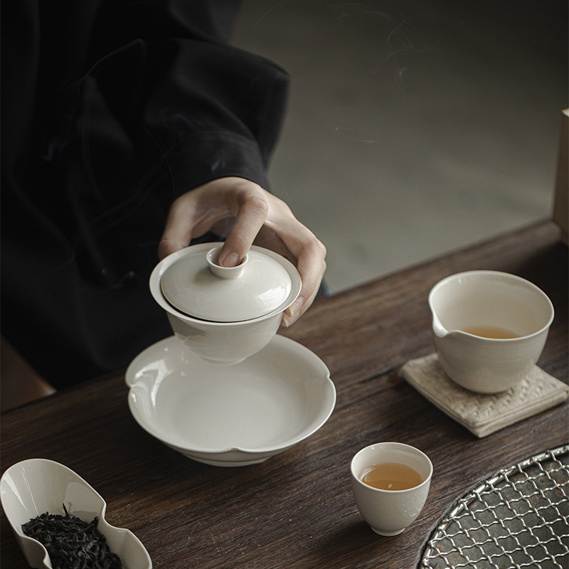 墨己草木灰古泥元宝蓋碗工夫茶器陶磁器薄胎不熱手茶碗家庭用蓋碗|undefined