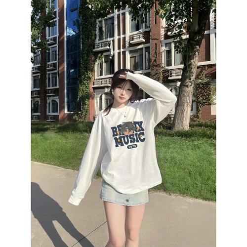 Autumn streetwear oversized loose long-sleeved women's T-shirt versatile top couple round neck sweatshirt trendy