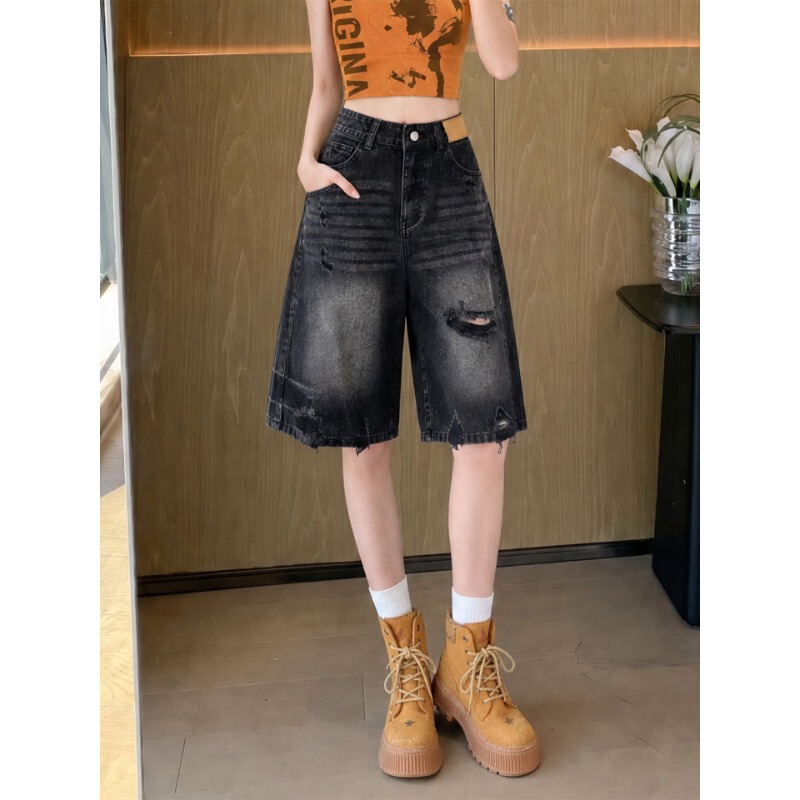 La Chapelle ripped denim shorts for women, summer thin style 2026, super popular new American style mid-length pants for petite women