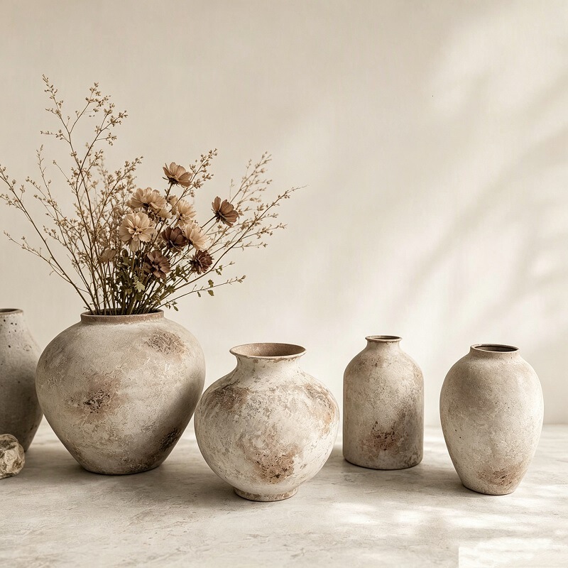 Wabi-sabi style metal vase, rustic and textured, resembling coarse pottery, suitable for use as a flower pot in vintage-style homes, guesthouses, and as a decorative piece for tabletops