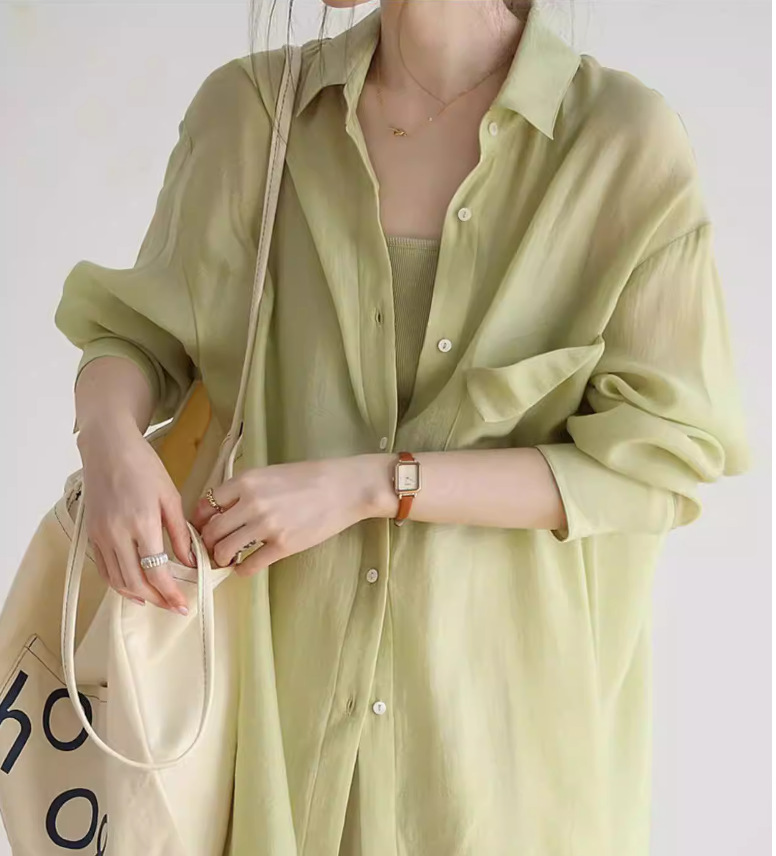 Áo sơ mi nữ chống nắng mùa hè kiểu Pháp chất lụa mỏng rộng thùng thình — Xanh lá cây nhạtcolor, bạc hà xanh chi tiết 11
