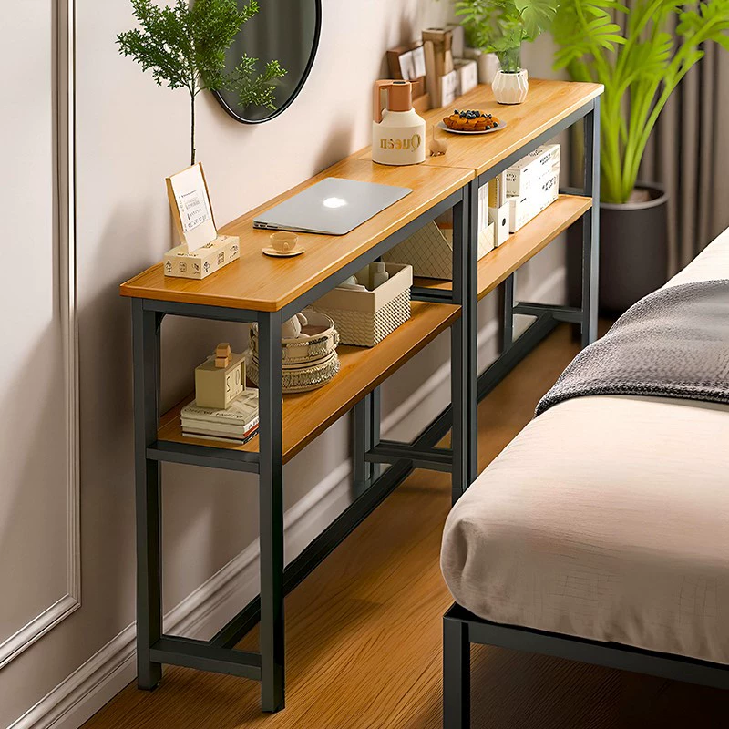 Узкий столик у стены, прикроватная тумбочка, шкаф для хранения, шкаф для хранения за диваном, узкий длинный столик у кровати с узким зазором.