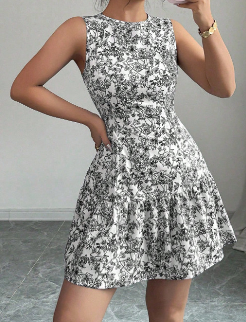 Women's Bohemian Style Floral Print Mini Dress Sleeveless Belted French Elegance Thin Summer Fashion Clothing_ecoleips.com