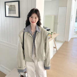 条纹衬衫领假两件皮衣外套女春秋2025新款港风短款pu皮夹克爆款