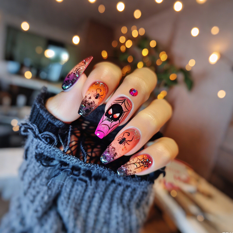 Cross-Border European and American Pumpkin Halloween Nails Ins Style Wearable Nails Colorfulful Spider Web Long Trapezoid Fake Nail Patches