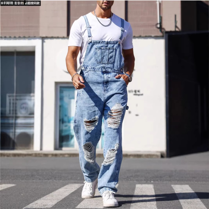 Hme European and American Men's Denim Overalls Trendy High Street Adjustable Ripped Denim Jumpsuit