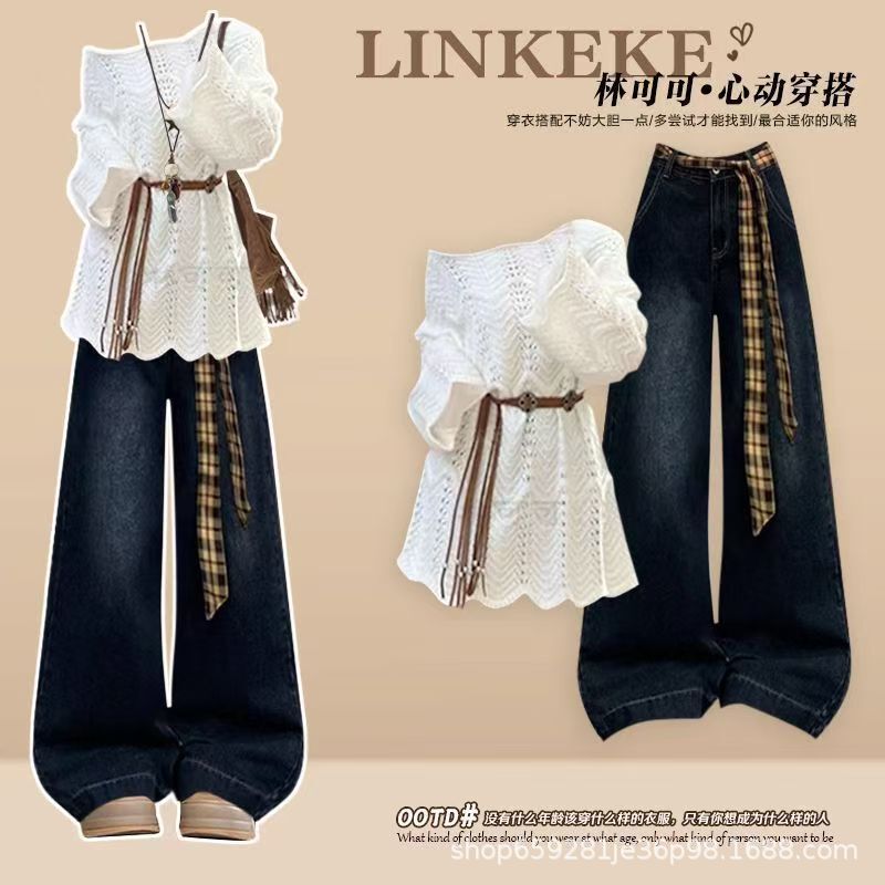2025 Autumn Royal Sister Style Outfit for Women: Lazy Style Hollow Out Blouse with High-End Loose Wide-Leg Pants Two-Piece Set