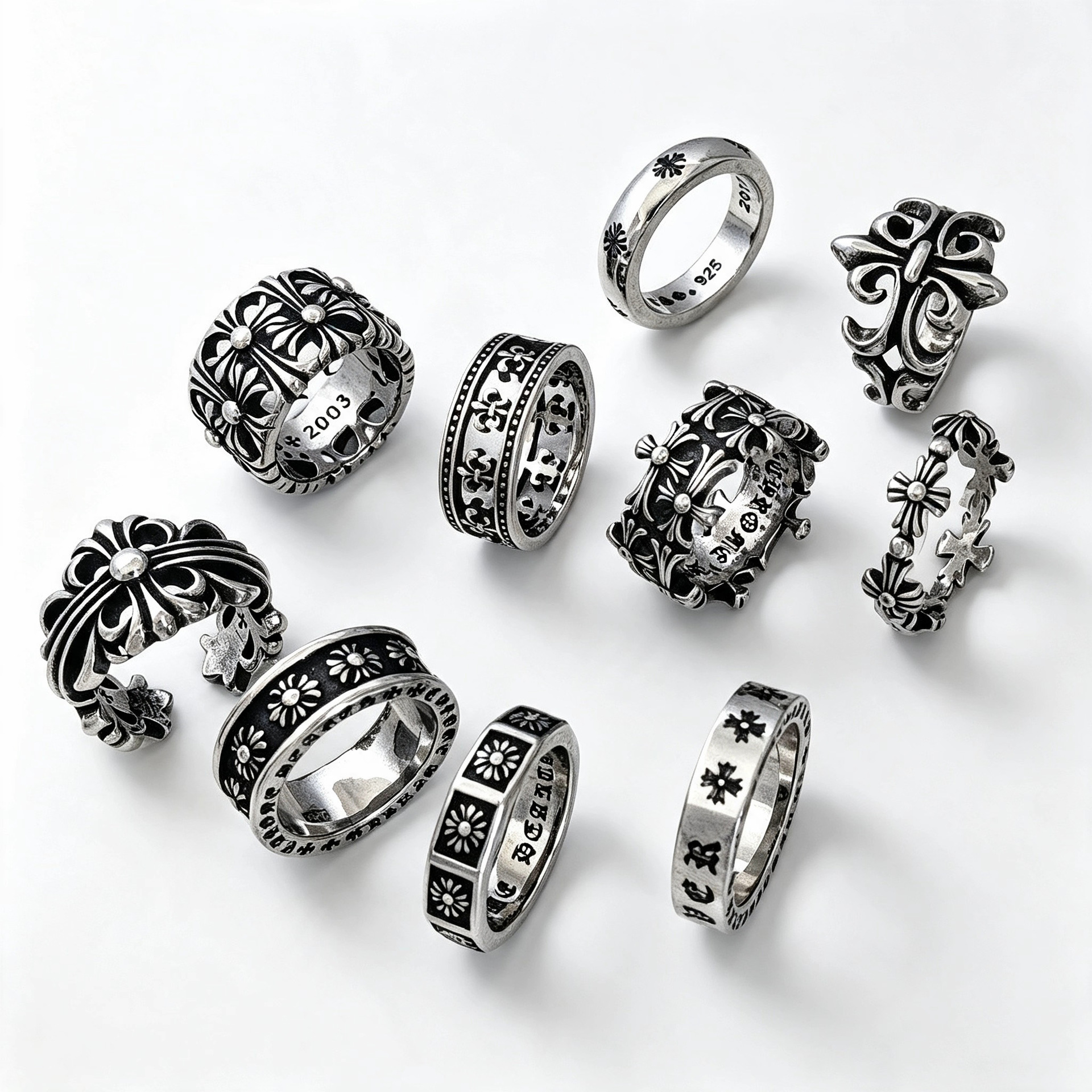 In-stock Chrome Flower Cast Ring, European and American Hip-Hop Trendy Outfit, Sweet and Cool Style, Personalized Fashion Titanium Steel Ring Jewelry