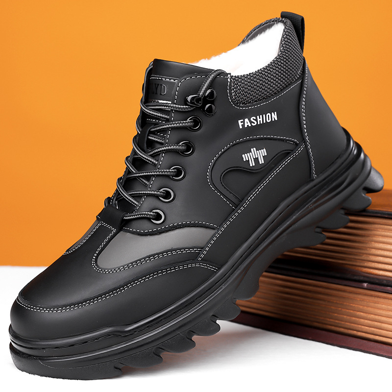 棉鞋男士冬季新款高帮休闲棉皮鞋真皮羊毛加绒保暖防滑雪地靴代发