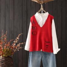 秋装新款V领毛线马甲背心字母文艺宽松套头坎肩马夹女针织衫毛衣