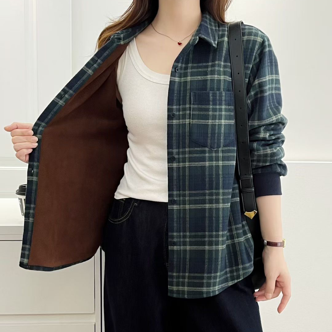 简梦加绒格子衬衫 2025冬季新款 复古风翻领外套保暖上衣女85190