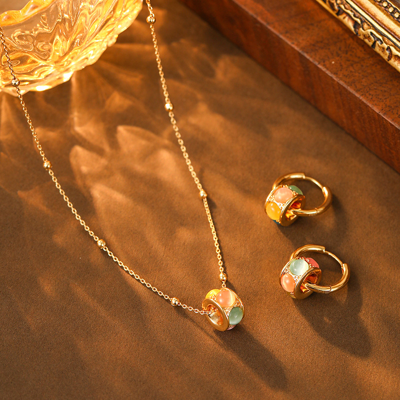 Trendy Fashion Colorful Cat's Eye Stone Earrings for Women High-End Light Luxury Dopamine Design Pendant Collarbone Necklace