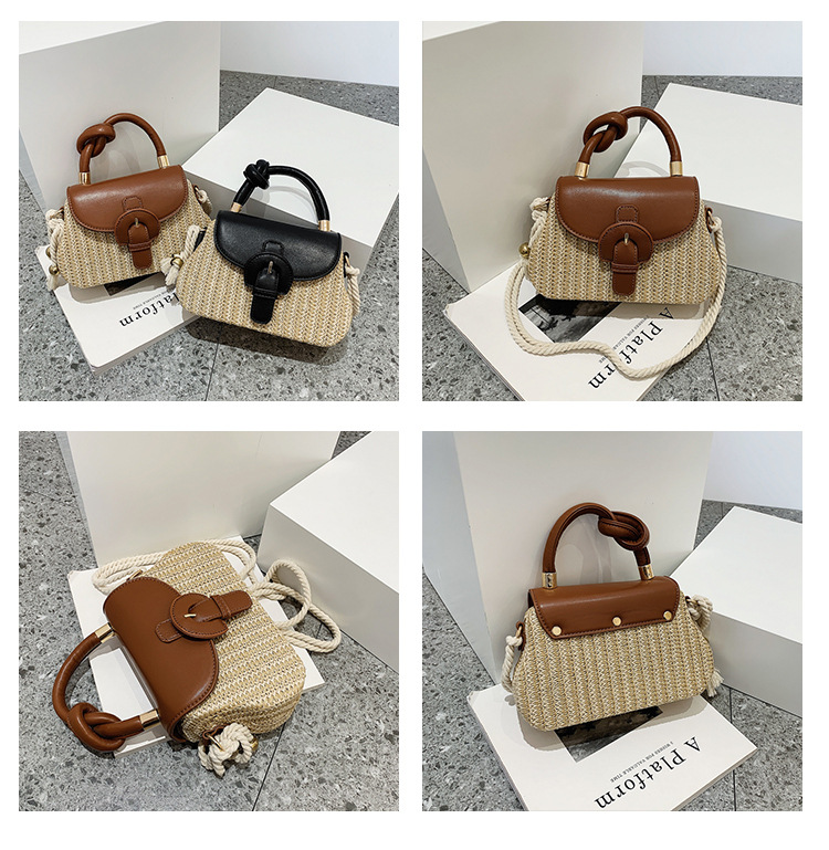 Weave Fashion Element Lock clasp Closure Type Women's Medium Straw Color Block Vacation Beach Weave Square Lock Clasp Straw Bag