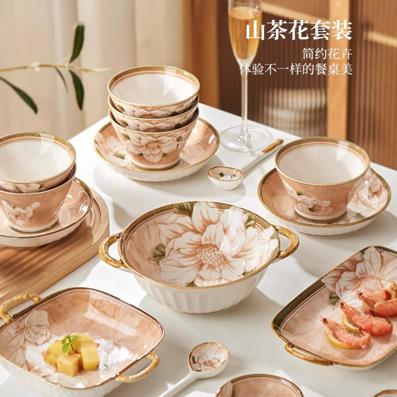 Japanese Camellia Bowl and Plate Set, High-Value Underglaze Ceramic Tableware, Household Bowls and Plates, Dinner Plates, Wholesale Gift Box Japanese Camellia Bowl and Plate Set, High-Value Underglaze Ceramic Tableware, Household Bowls and Plates, Dinner Plates, Wholesale Gift Box