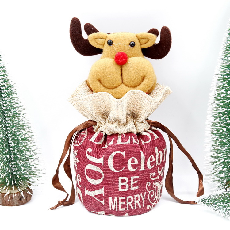 Nueva Navidad decoraciones Lino inglés cordón Apple bolsa niños dibujos animados viejo muñeco de nieve ciervos caramelo bolsa de regalo