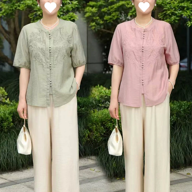 Новый китайский стиль, национальный стиль, летние кардиганы с короткими рукавами для мам среднего и пожилого возраста, новые модные однотонные рубашки с вышивкой 2024 года