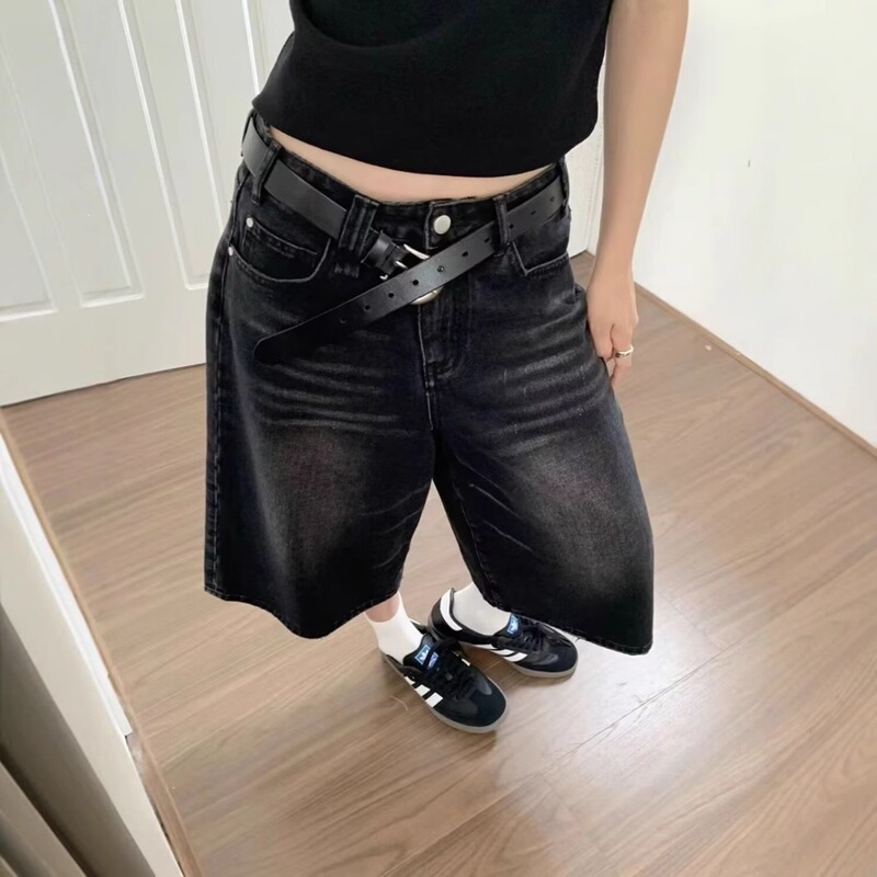 American-Style Black Denim Cropped Pants for Women, Summer Vintage Loose-Fitting Mid-Length Pants, Straight-Leg Pants, Plus-Size Shorts