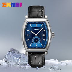 時刻美男紳士品味酒桶矩形皮帶手錶 商務時尚單獨走秒日曆石英表