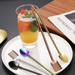 Pointed square shovel 304 stainless steel straw spoon new creative two-in-one coffee stirring spoon threaded straw spoon dual use