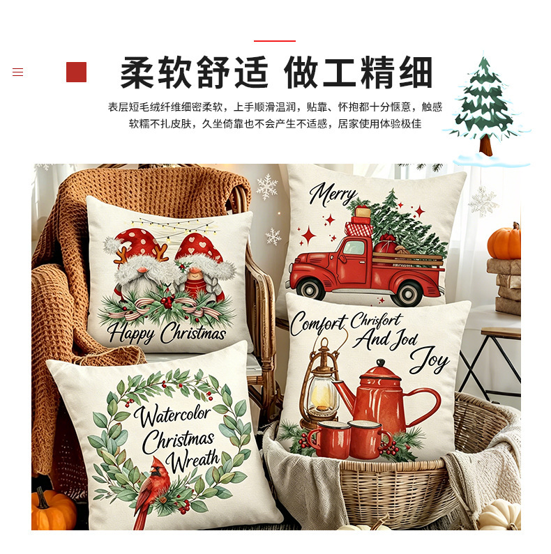 American Vintage Christmas Linen Pillow Cover Printed Sofa Cushion Cover Holiday Decoration Pillowcase Without Core Cushion Cover