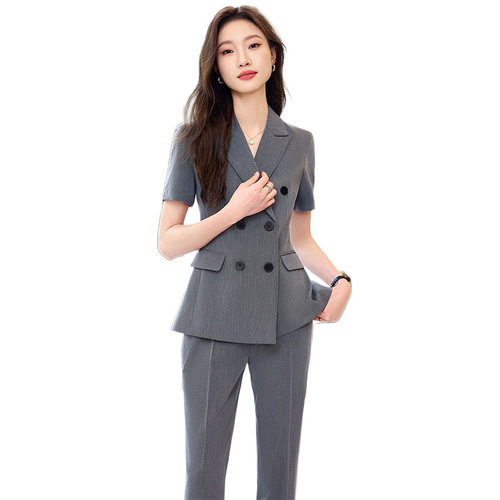 Navy blue suit suit for women in spring and autumn, professional wear, temperament, goddess style work wear, short-sleeved suit jacket, work clothes, summer
